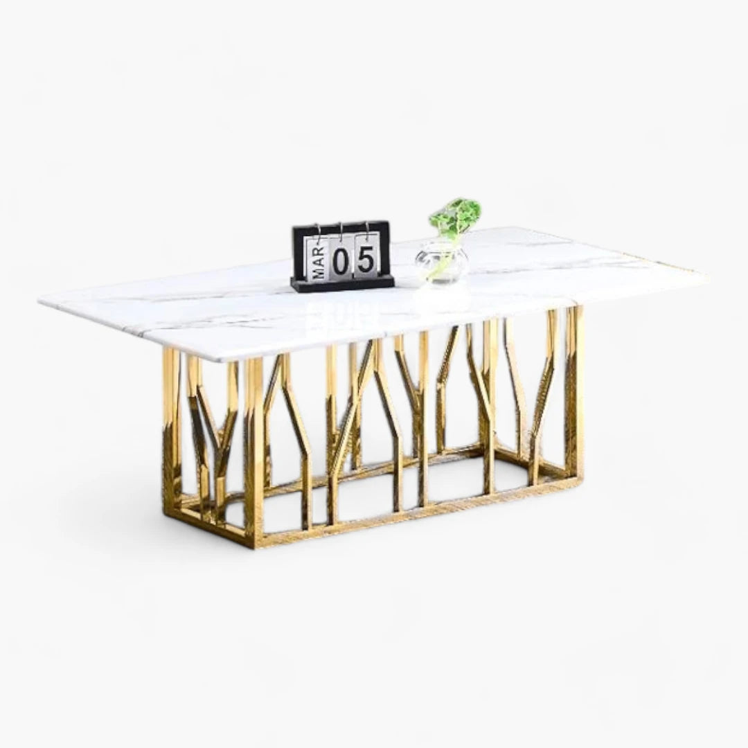Table Basse véritable plateau marbre couleur blanc pieds dorée en acier inoxydable